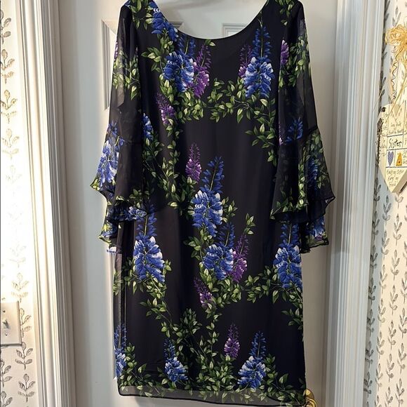 Chico's Blue and Black Sheath Dress with Flutter Sleeves for Cocktail